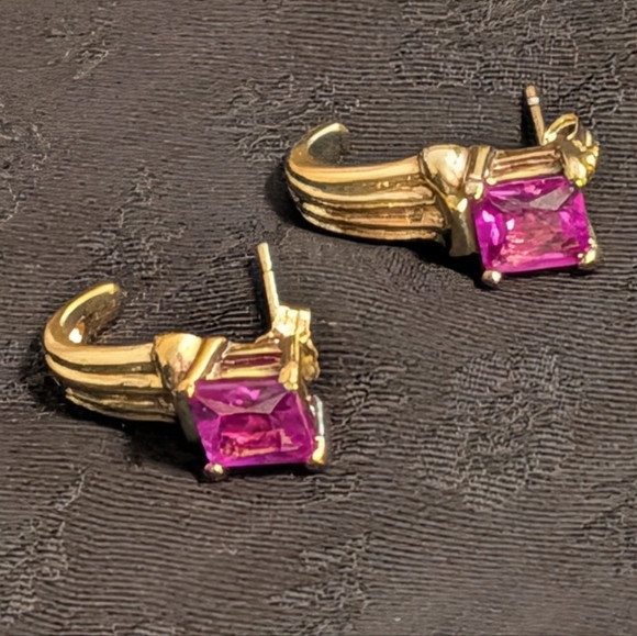 Vintage Sterling Silver 925 Gold Tone Pink Sapphire Earrings Ruby Earrings - Picture 9 of 12